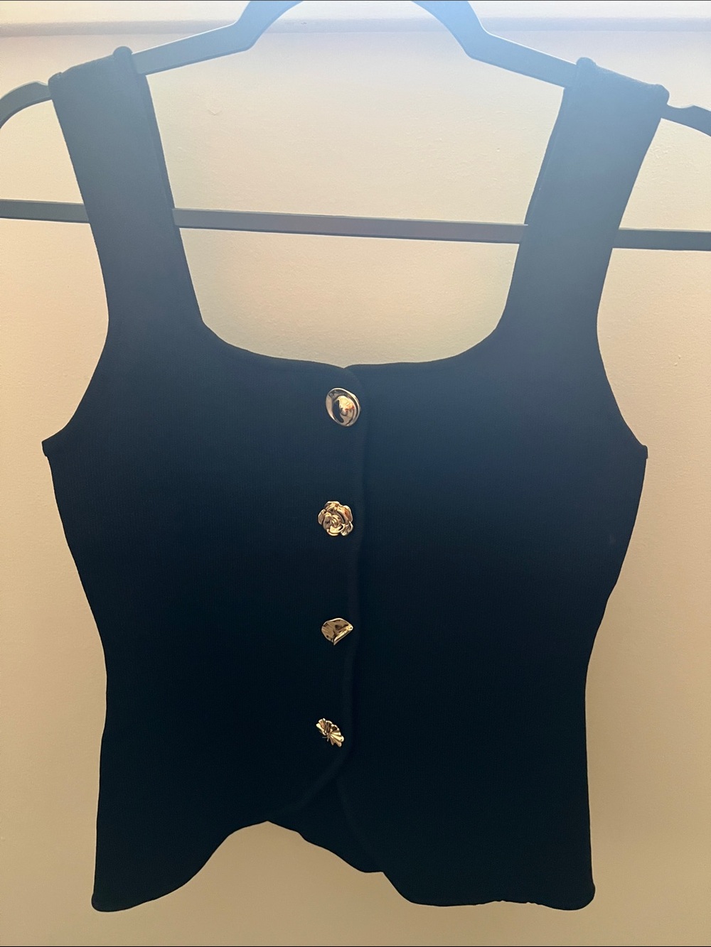 Love Tree Black Ribbed Tank with Gold Floral Buttons